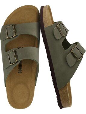 Men's Olive Green Lane Cork Footbed Sandals Adjustable Buckle Comfort Slides